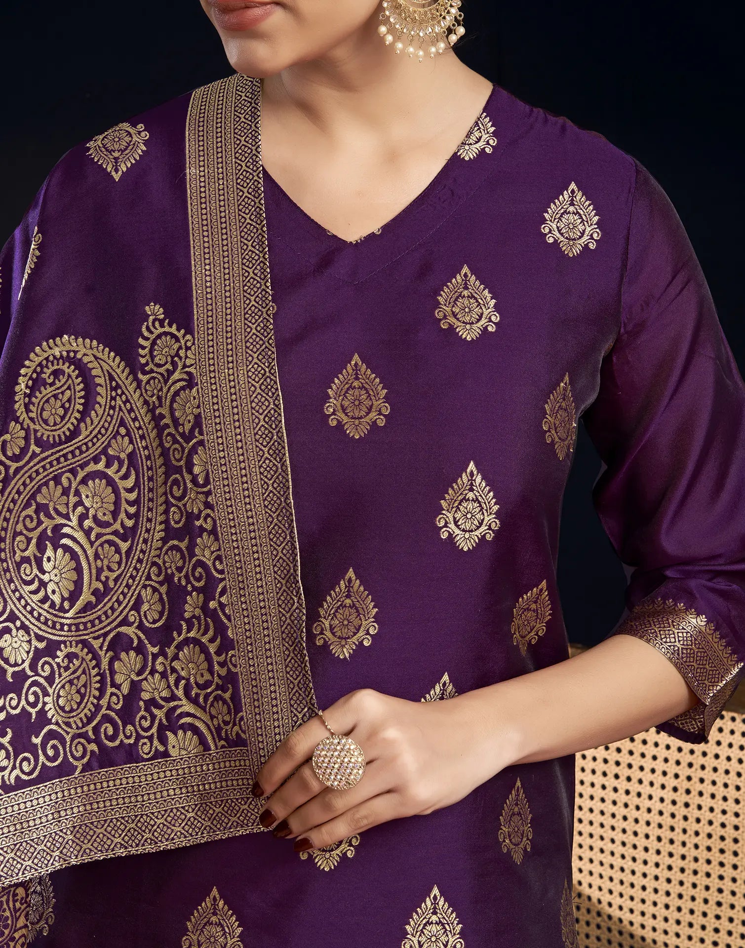 Silk Jacquard Woven Straight 3 Piece Kurta Set