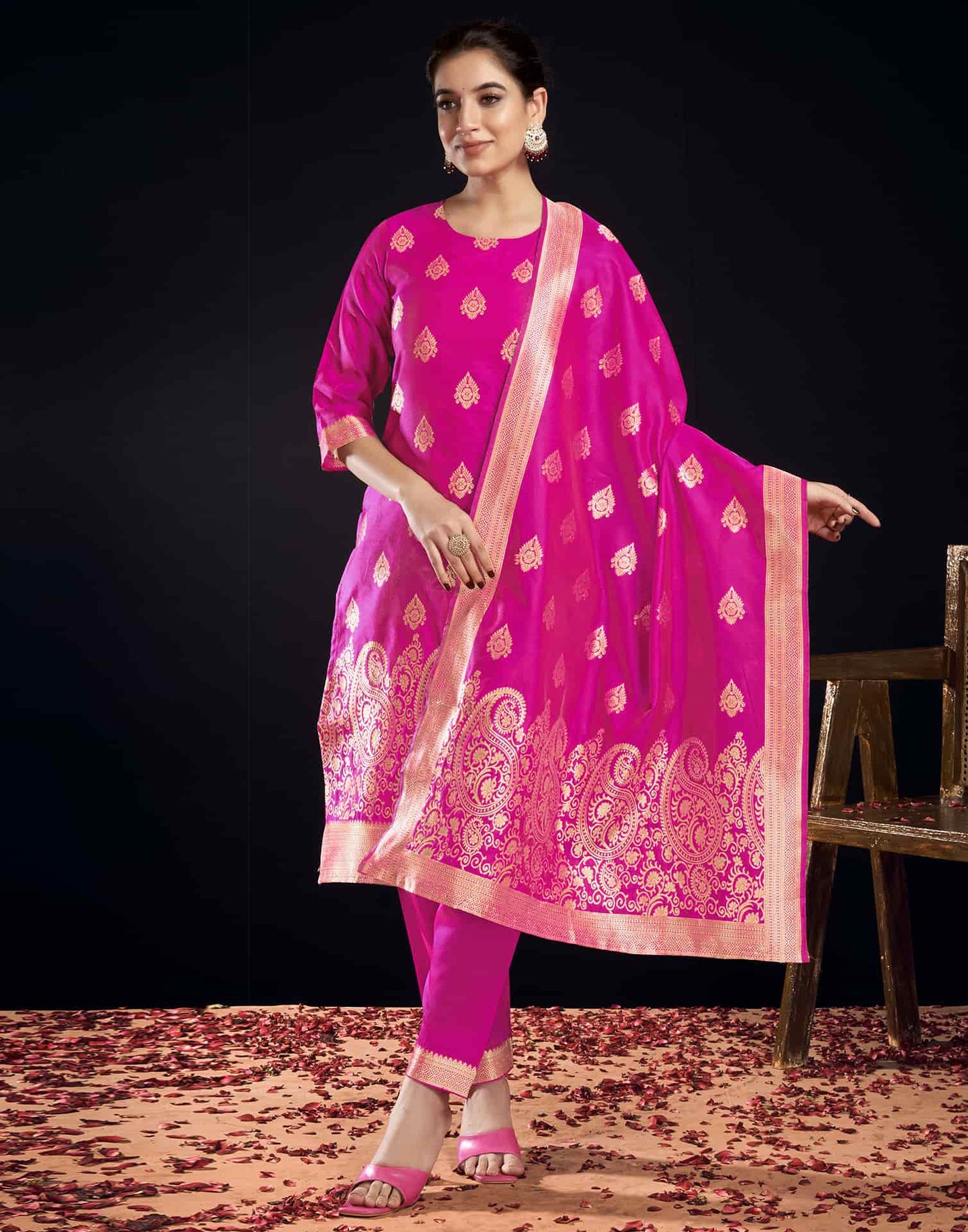 Silk Blend Jacquard Work Straight Kurta with Pant & Dupatta