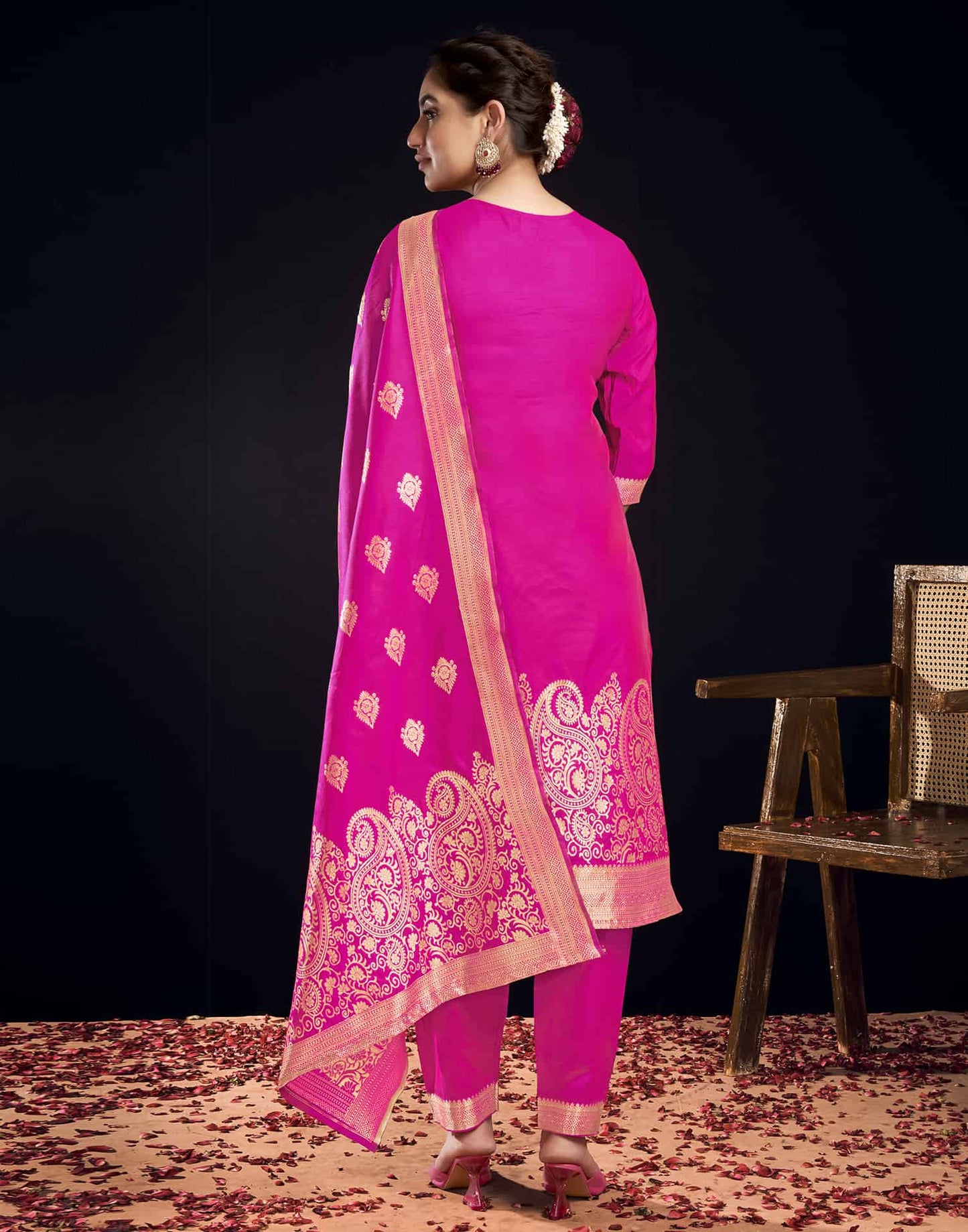 Silk Blend Jacquard Work Straight Kurta with Pant & Dupatta