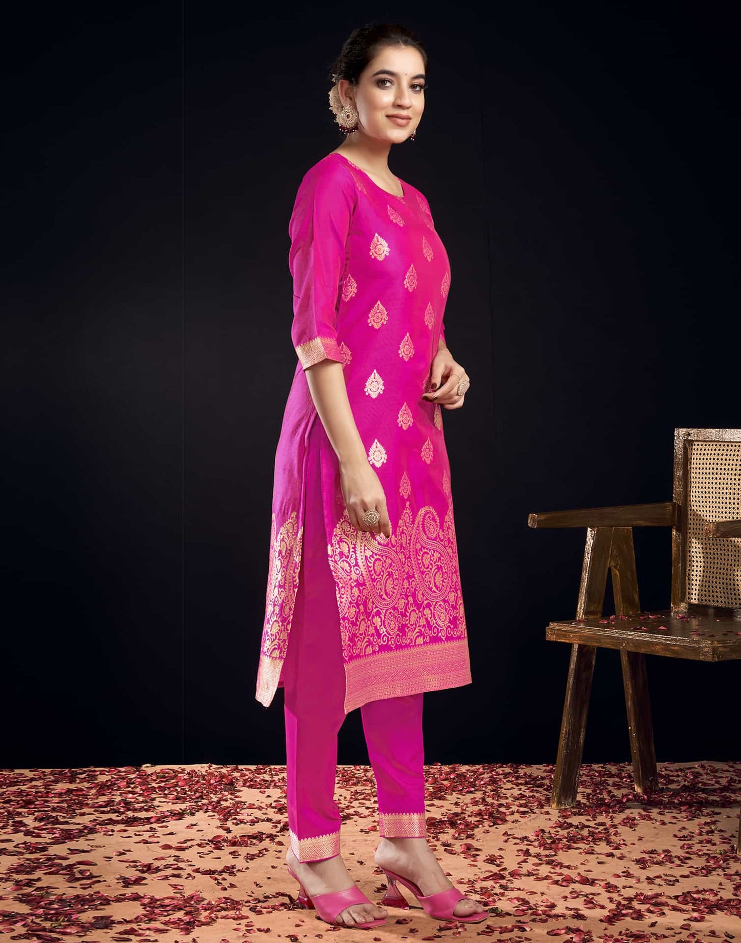 Silk Blend Jacquard Work Straight Kurta with Pant & Dupatta
