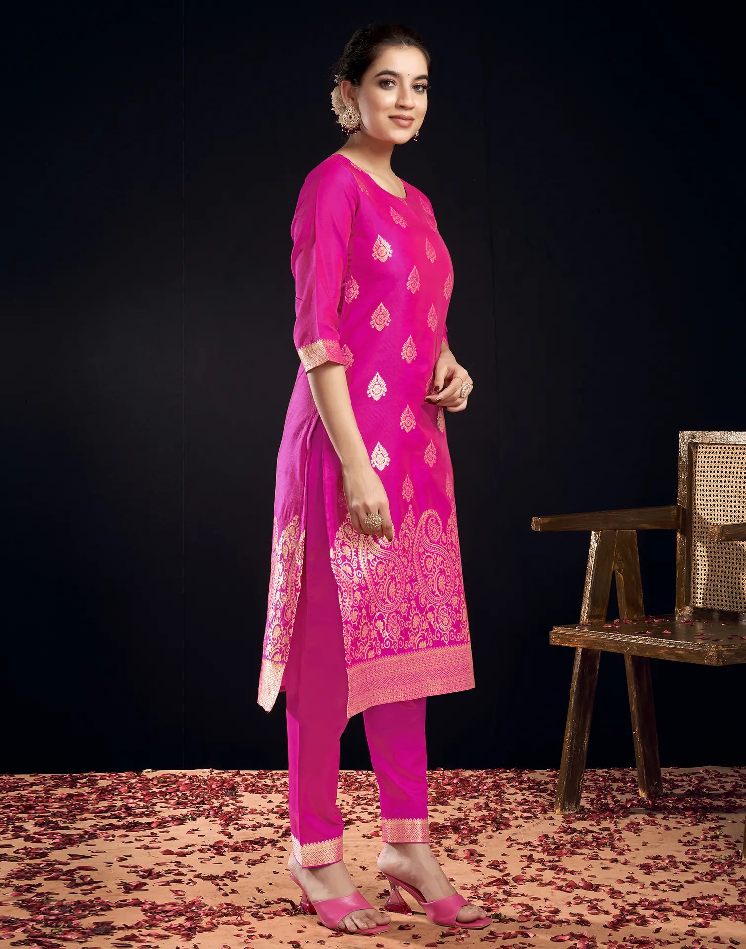 Silk Jacquard Foil Print Straight 3 Piece Kurta Set