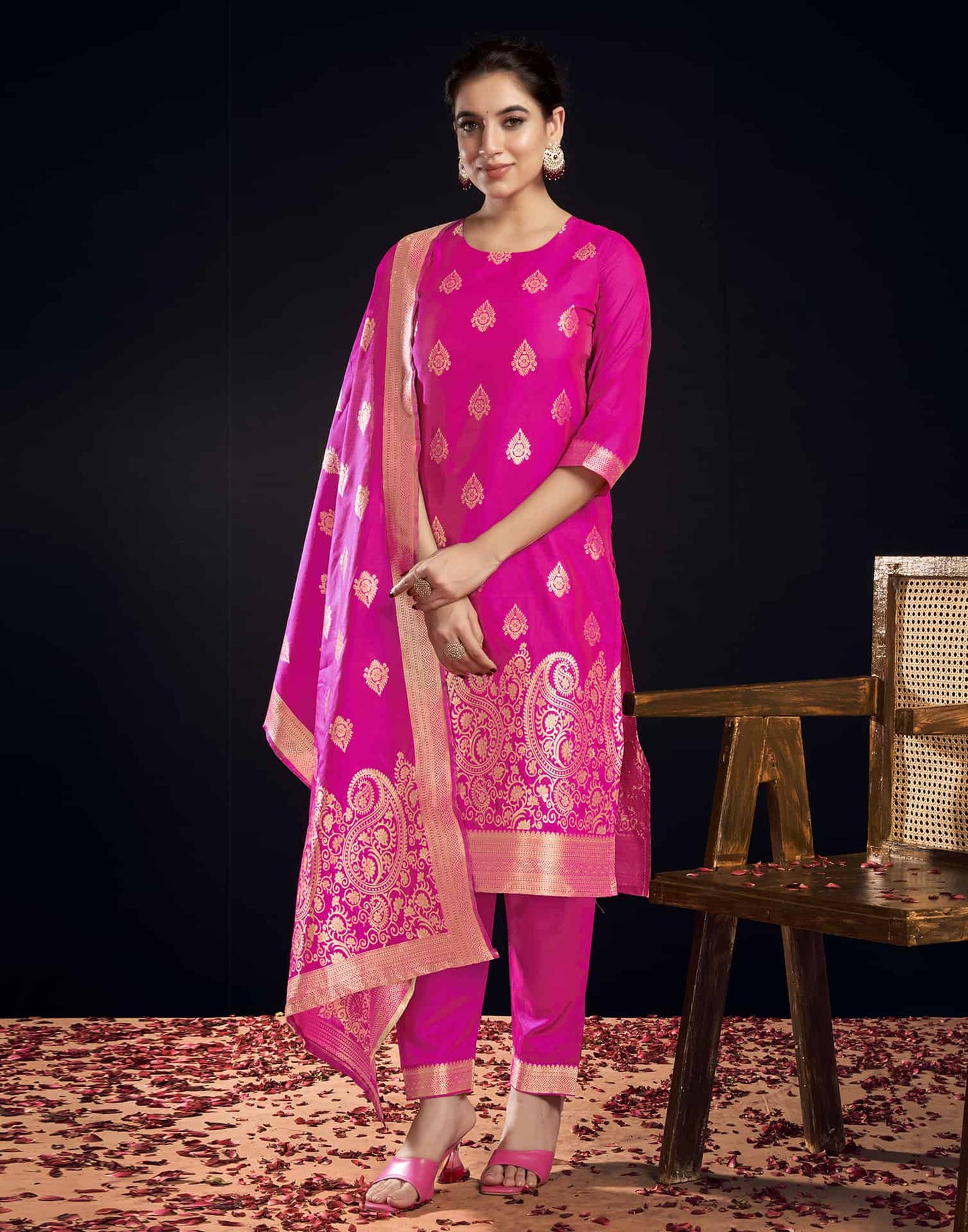 Silk Blend Jacquard Work Straight Kurta with Pant & Dupatta