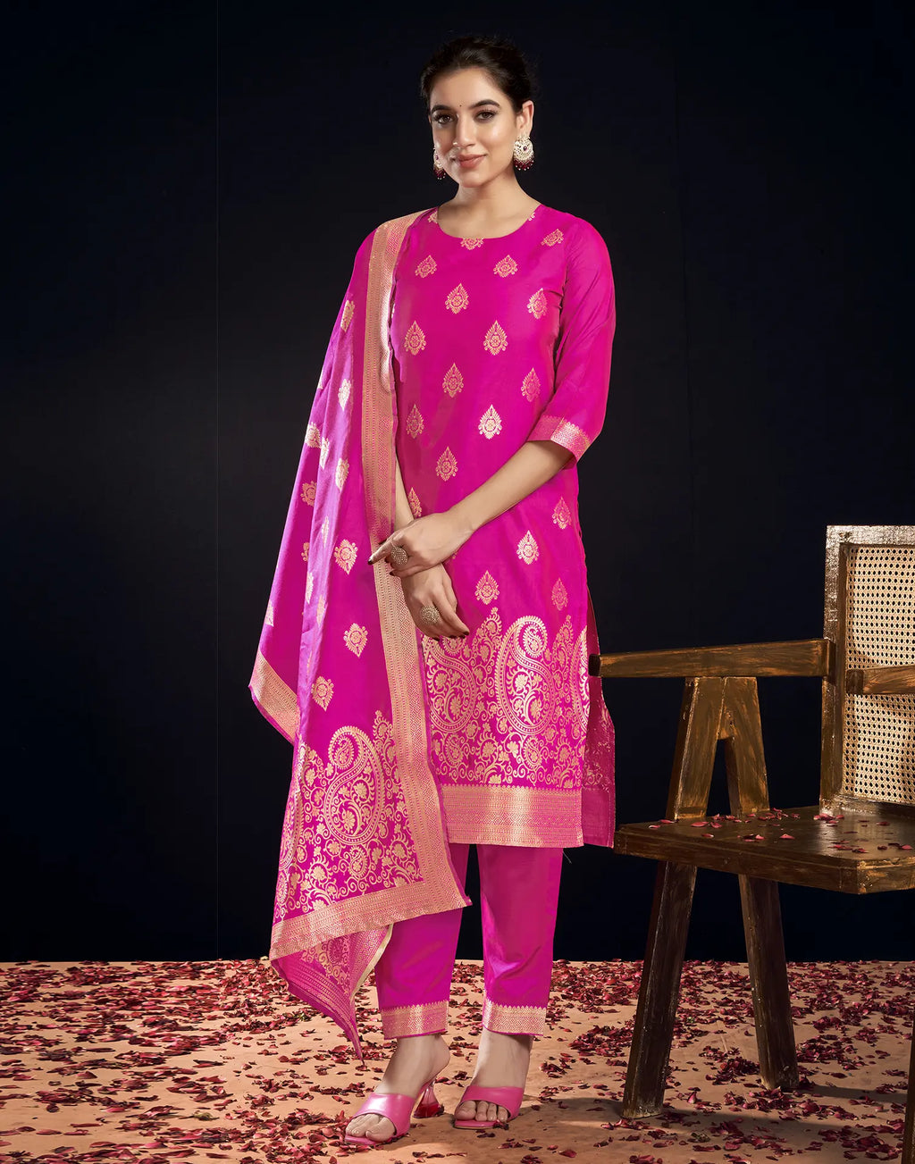 Silk Jacquard Foil Print Straight 3 Piece Kurta Set