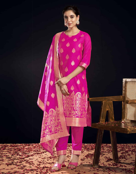 Silk Blend Jacquard Work Straight Kurta with Pant & Dupatta