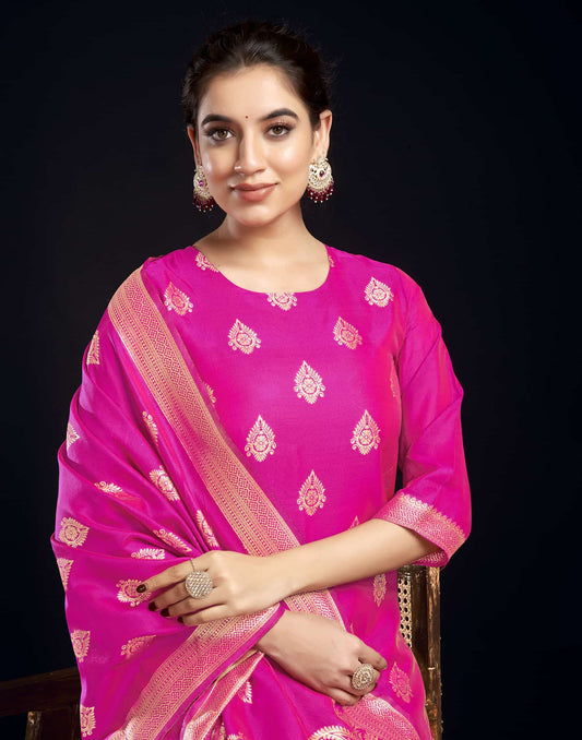 Silk Blend Jacquard Work Straight Kurta with Pant & Dupatta