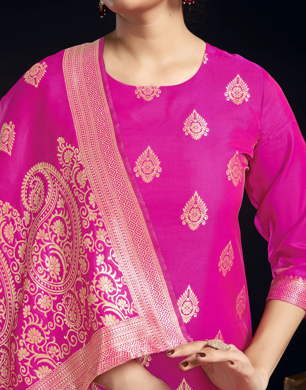 Silk Jacquard Foil Print Straight 3 Piece Kurta Set