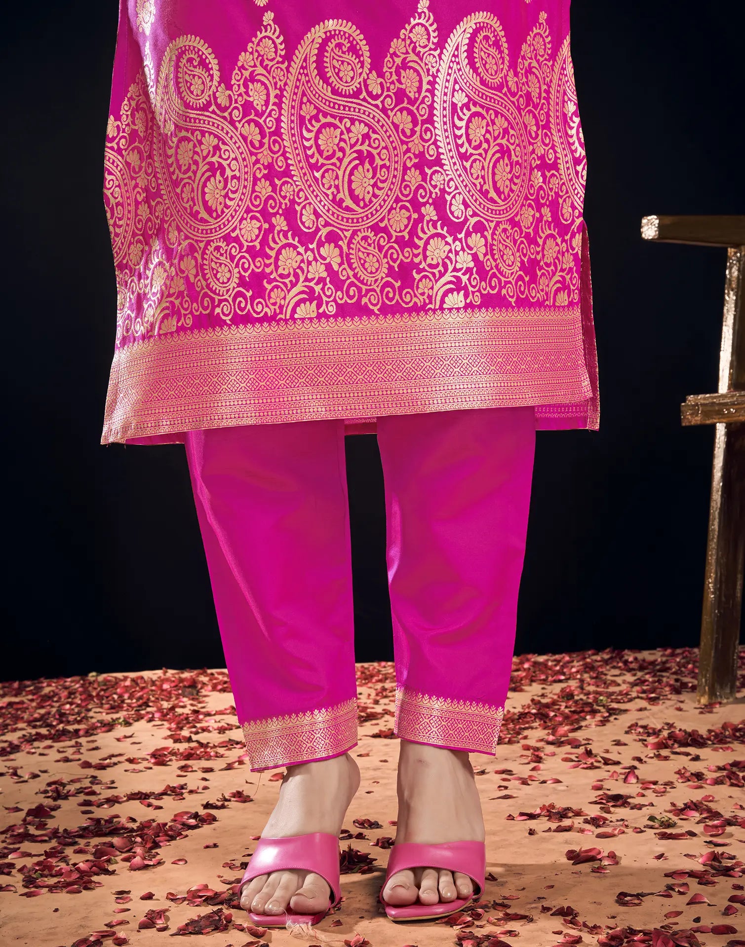 Silk Jacquard Foil Print Straight 3 Piece Kurta Set