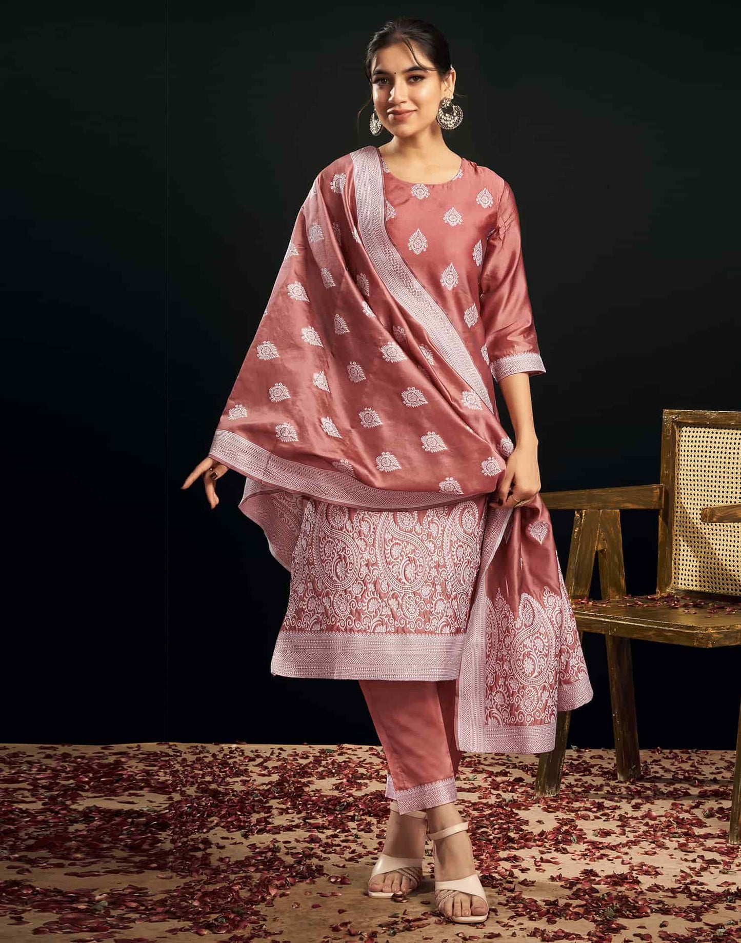 Silk Blend Jacquard Work Straight Kurta with Pant & Dupatta