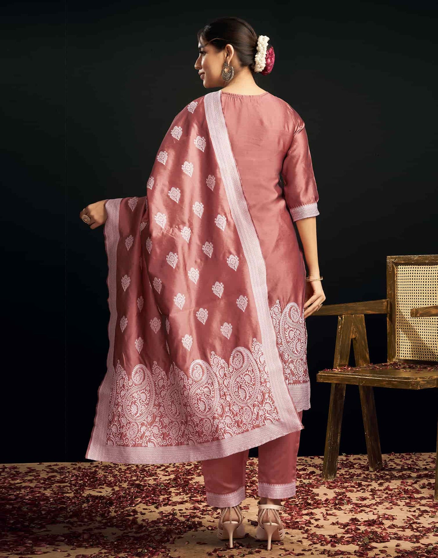 Silk Blend Jacquard Work Straight Kurta with Pant & Dupatta