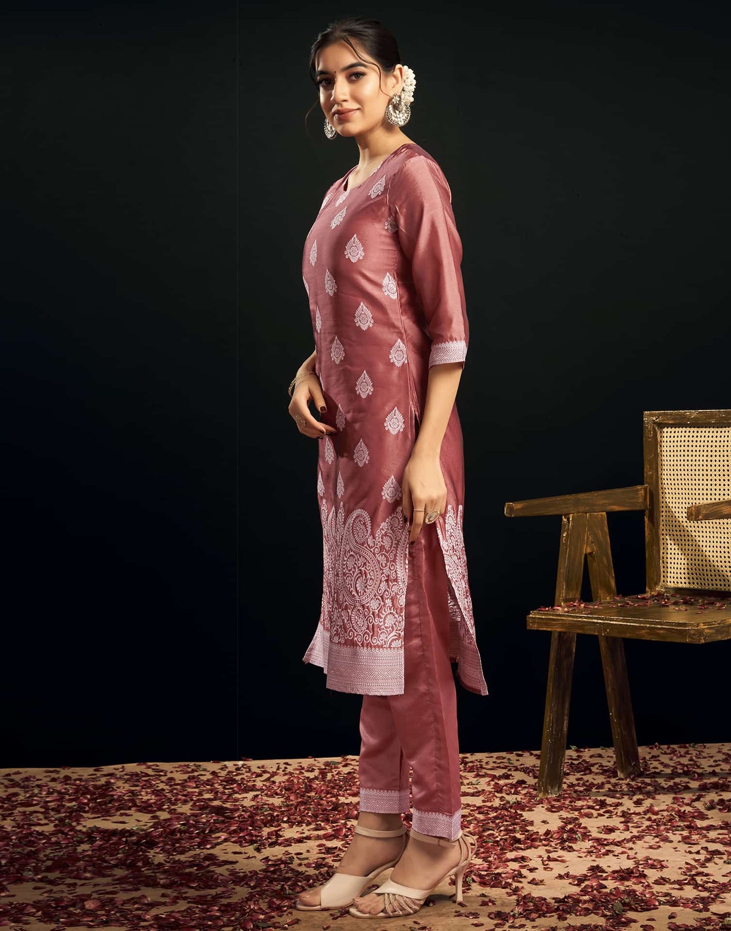 Silk Blend Jacquard Work Straight Kurta with Pant & Dupatta