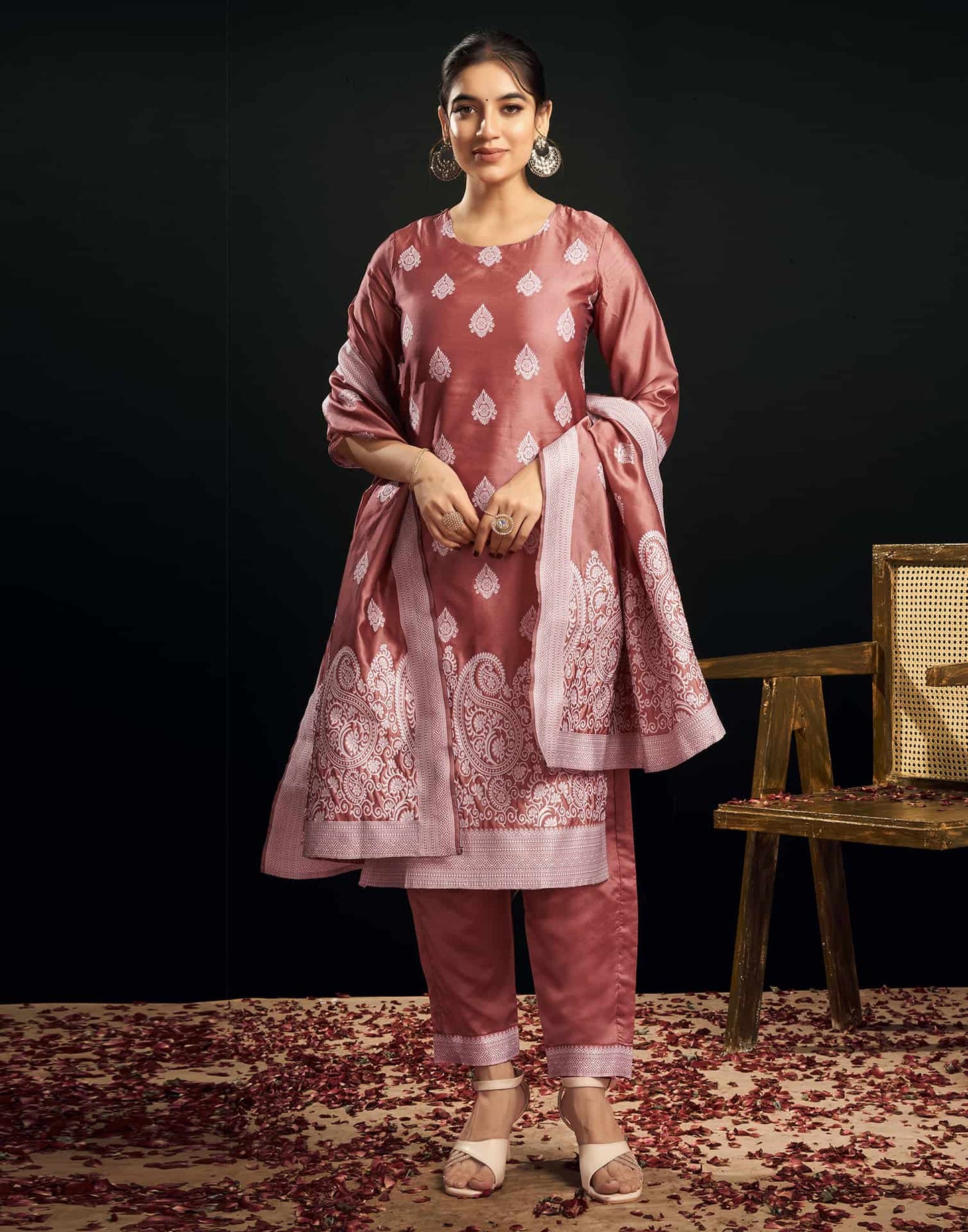 Silk Blend Jacquard Work Straight Kurta with Pant & Dupatta