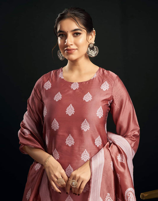 Silk Blend Jacquard Work Straight Kurta with Pant & Dupatta