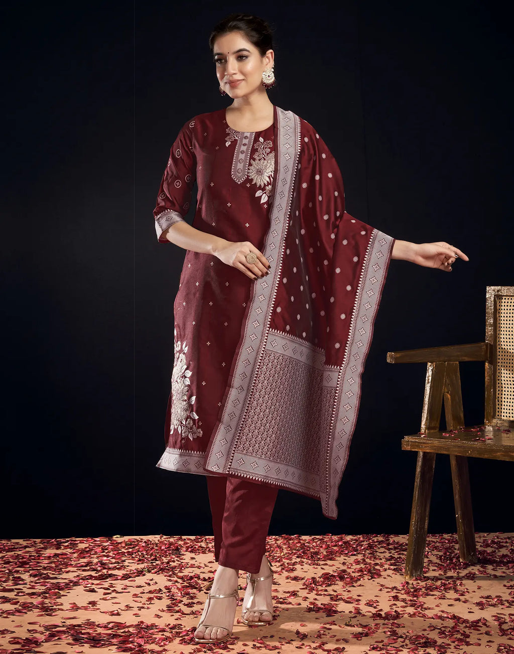 Silk Jacquard Woven Straight 3 Piece Kurta Set