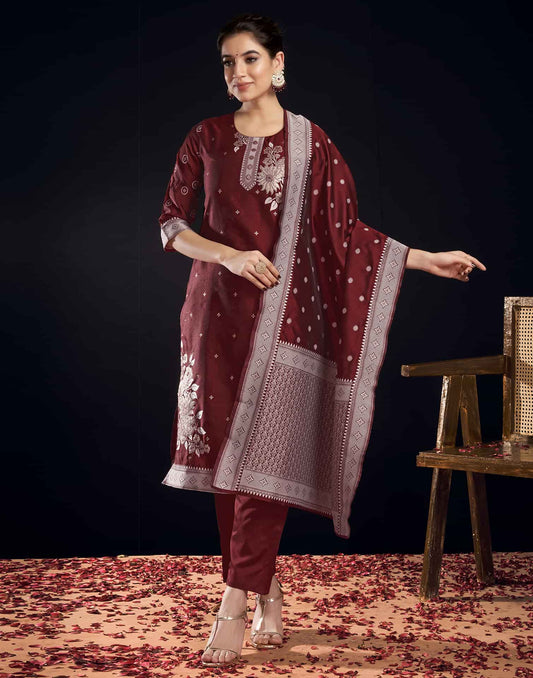 Silk Blend Jacquard Work Straight Kurta with Pant & Dupatta