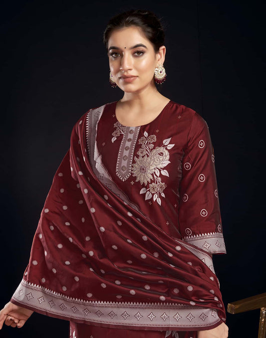 Silk Blend Jacquard Work Straight Kurta with Pant & Dupatta