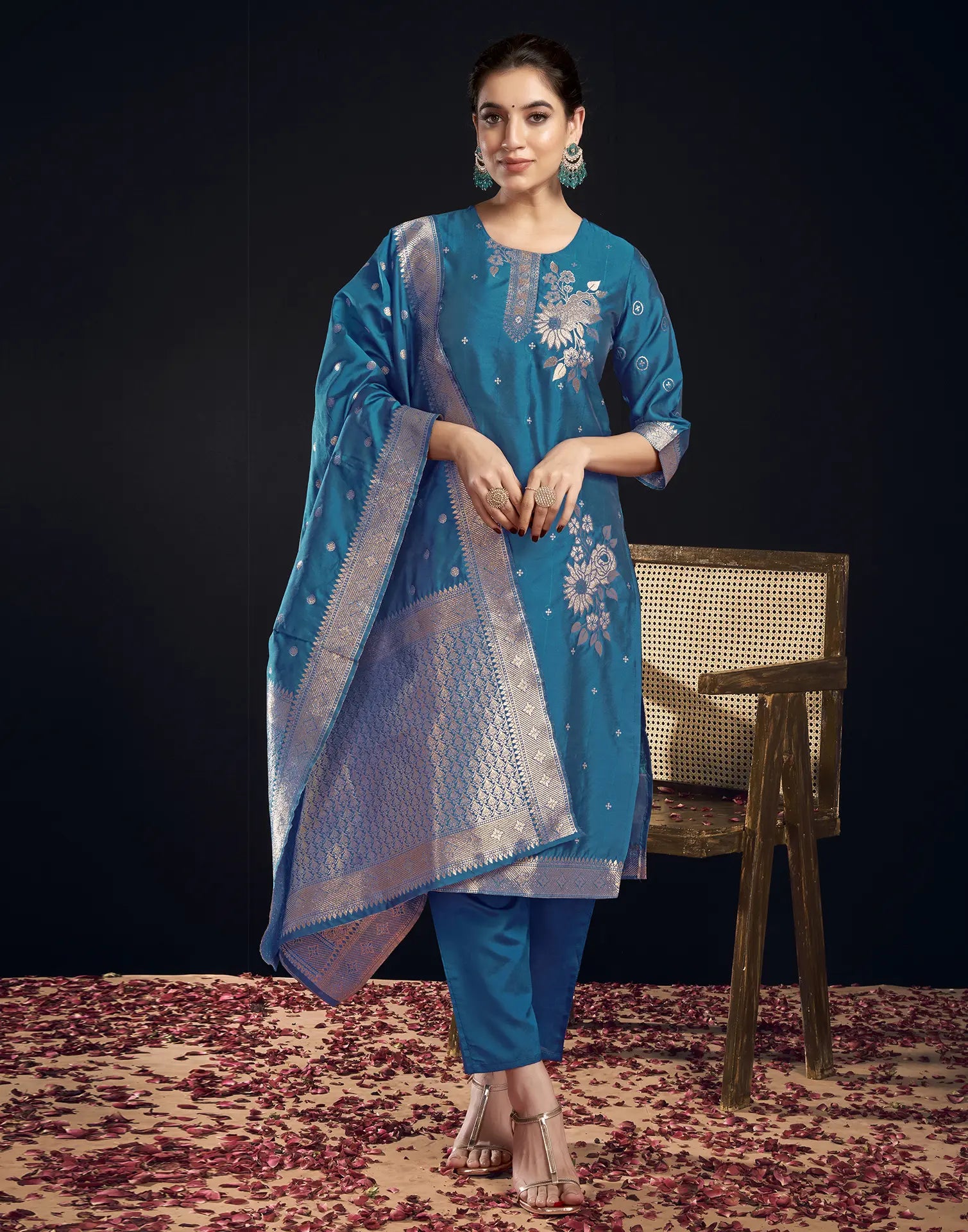 Silk Jacquard Woven Straight 3 Piece Kurta Set