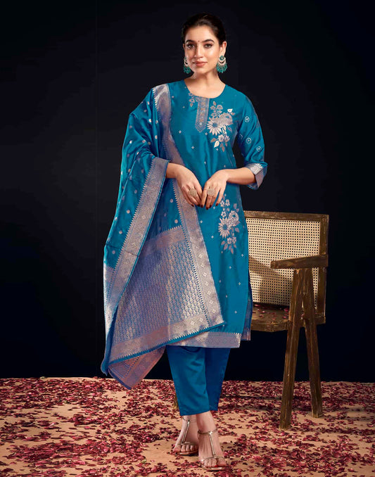 Silk Blend Jacquard Work Straight Kurta with Pant & Dupatta