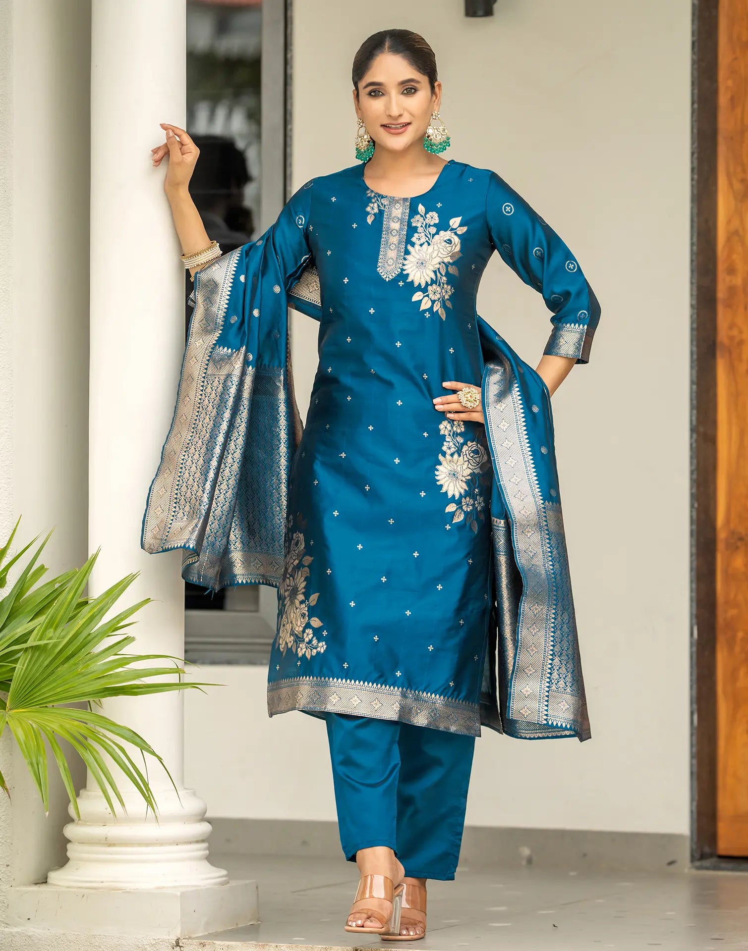 Silk Jacquard Woven Straight 3 Piece Kurta Set
