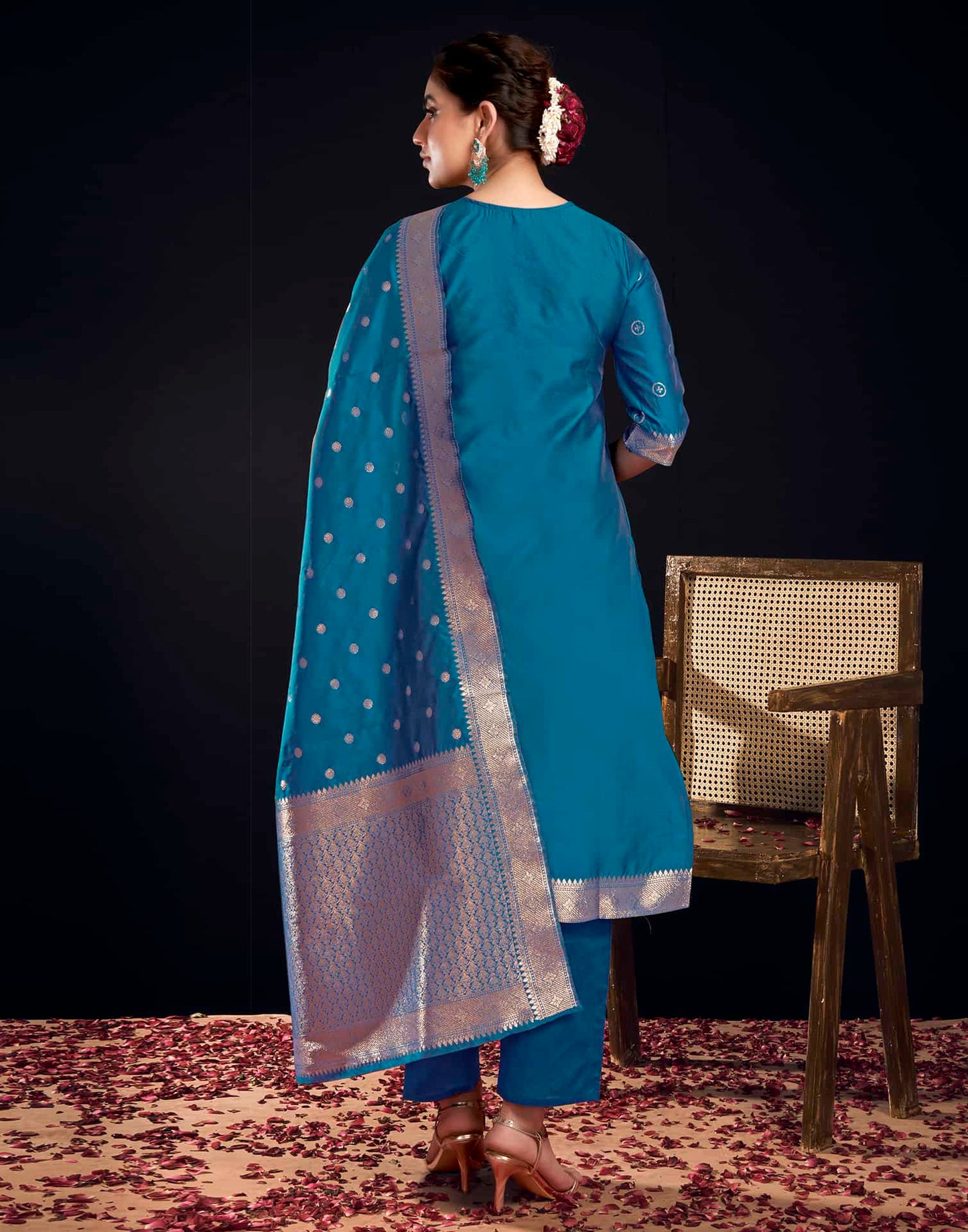 Silk Blend Jacquard Work Straight Kurta with Pant & Dupatta