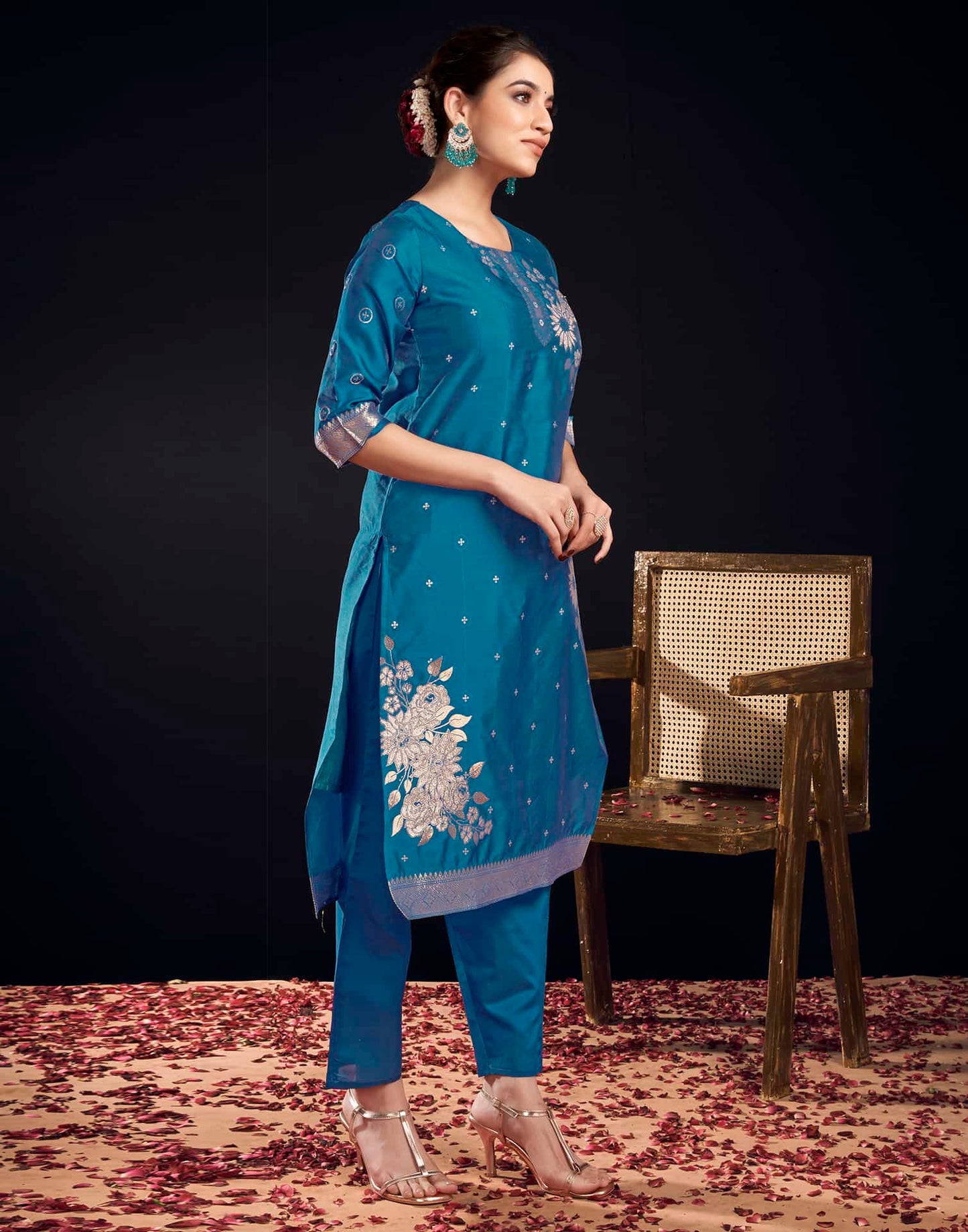 Silk Blend Jacquard Work Straight Kurta with Pant & Dupatta