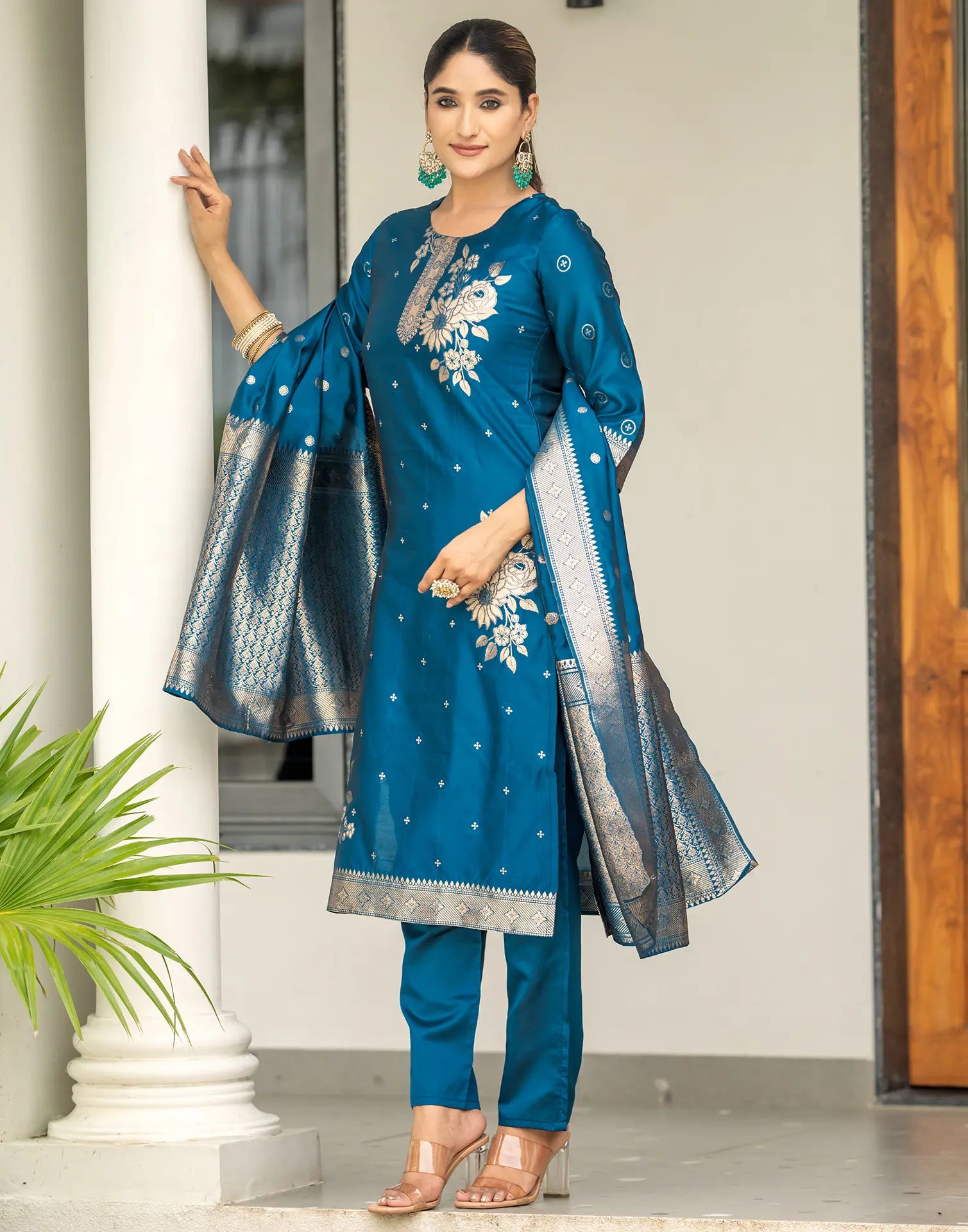 Silk Jacquard Woven Straight 3 Piece Kurta Set