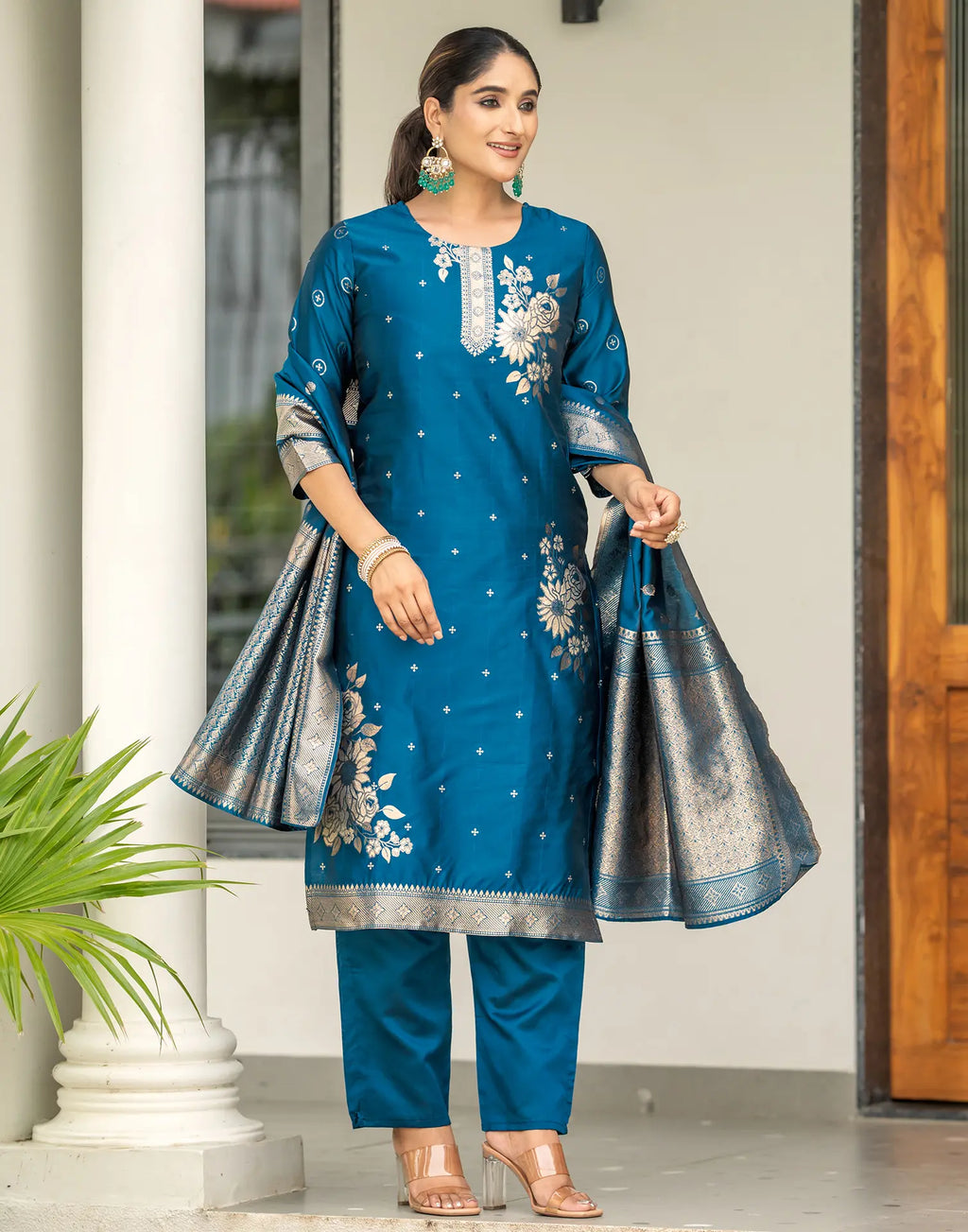Silk Jacquard Woven Straight 3 Piece Kurta Set