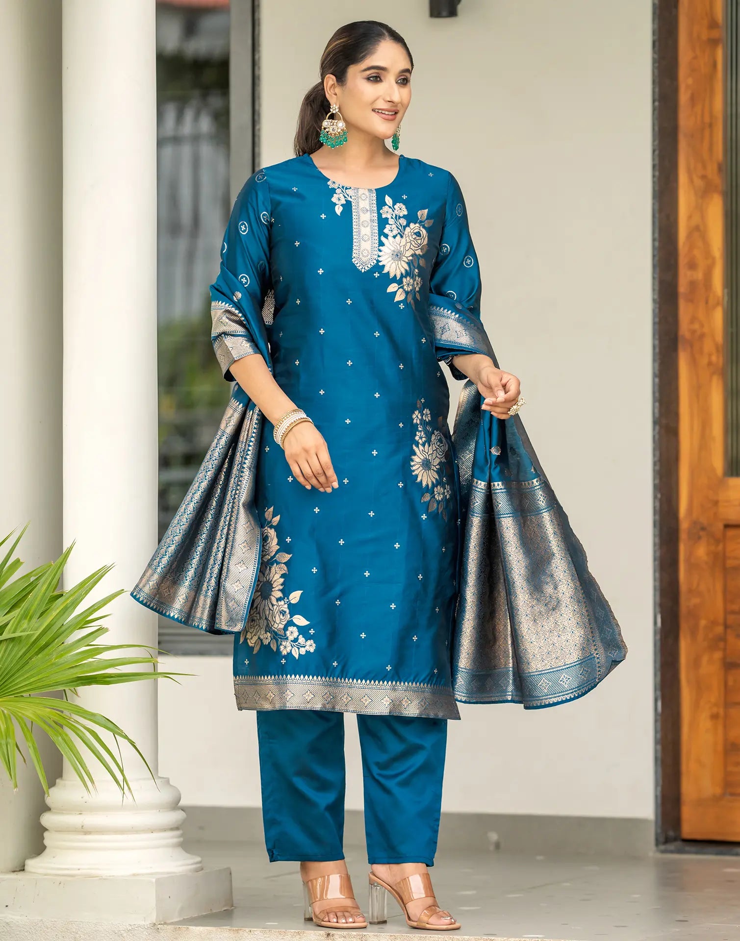 Silk Jacquard Woven Straight 3 Piece Kurta Set