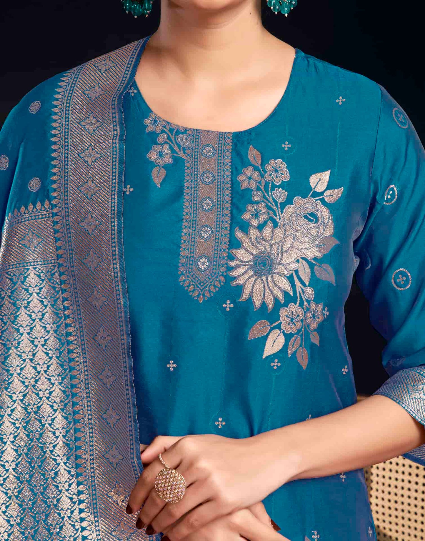 Silk Blend Jacquard Work Straight Kurta with Pant & Dupatta