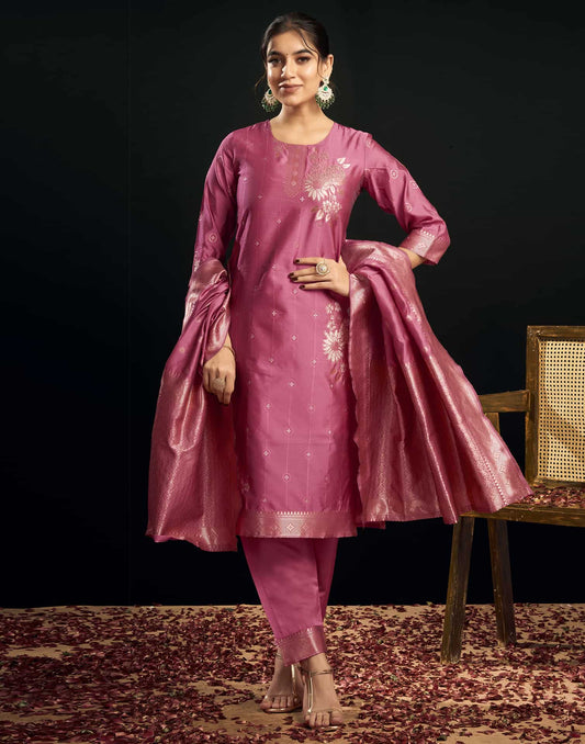 Silk Blend Jacquard Work Straight Kurta with Pant & Dupatta