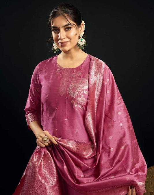 Silk Blend Jacquard Work Straight Kurta with Pant & Dupatta