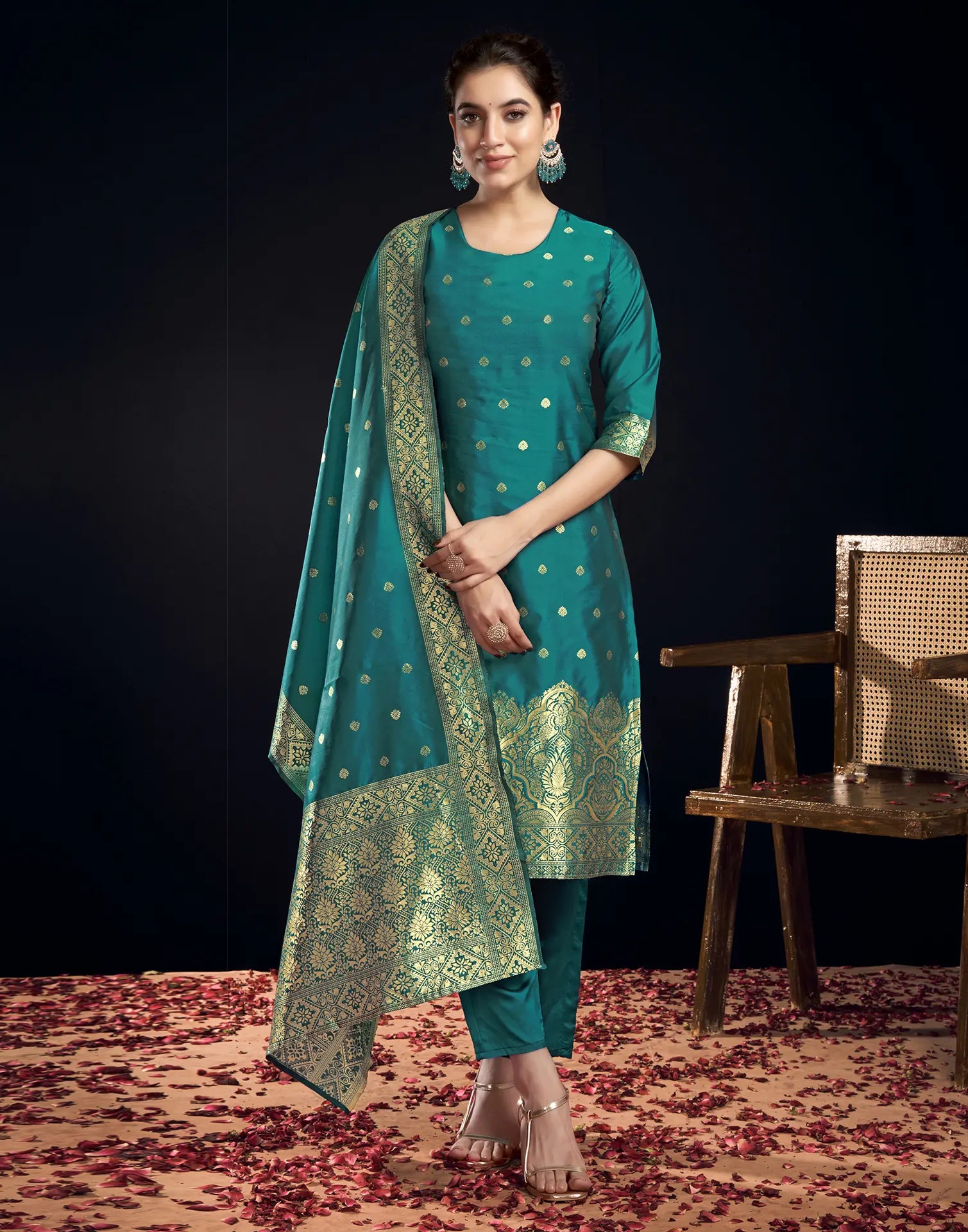 Silk Jacquard Woven Straight 3 Piece Kurta Set