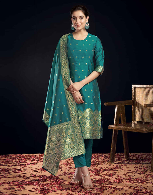 Silk Blend Jacquard Work Straight Kurta with Pant & Dupatta