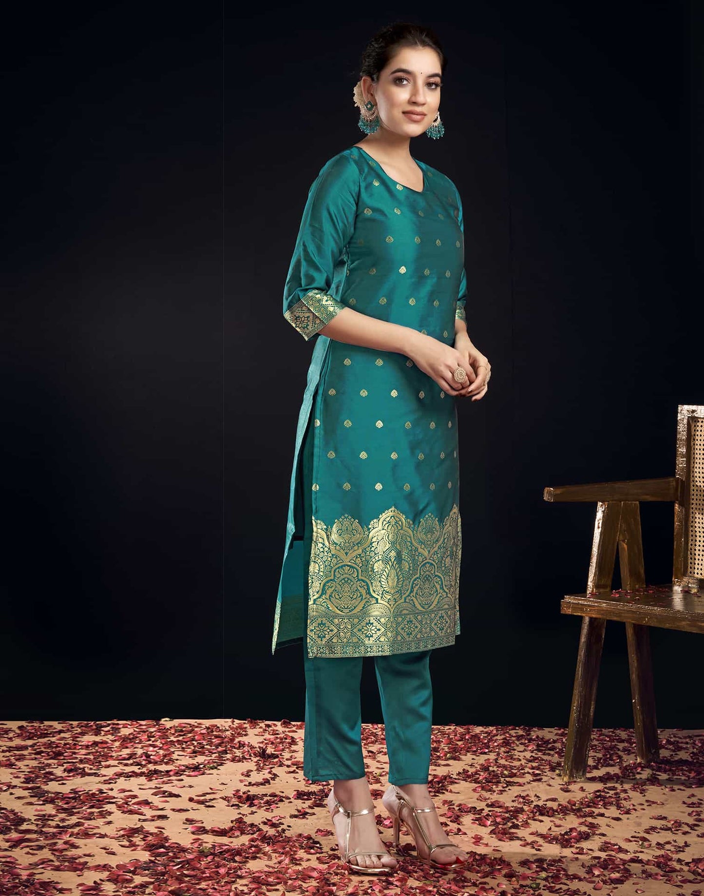 Silk Blend Jacquard Work Straight Kurta with Pant & Dupatta