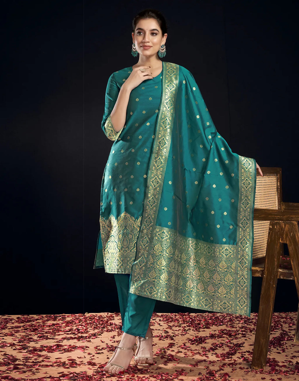 Silk Jacquard Woven Straight 3 Piece Kurta Set