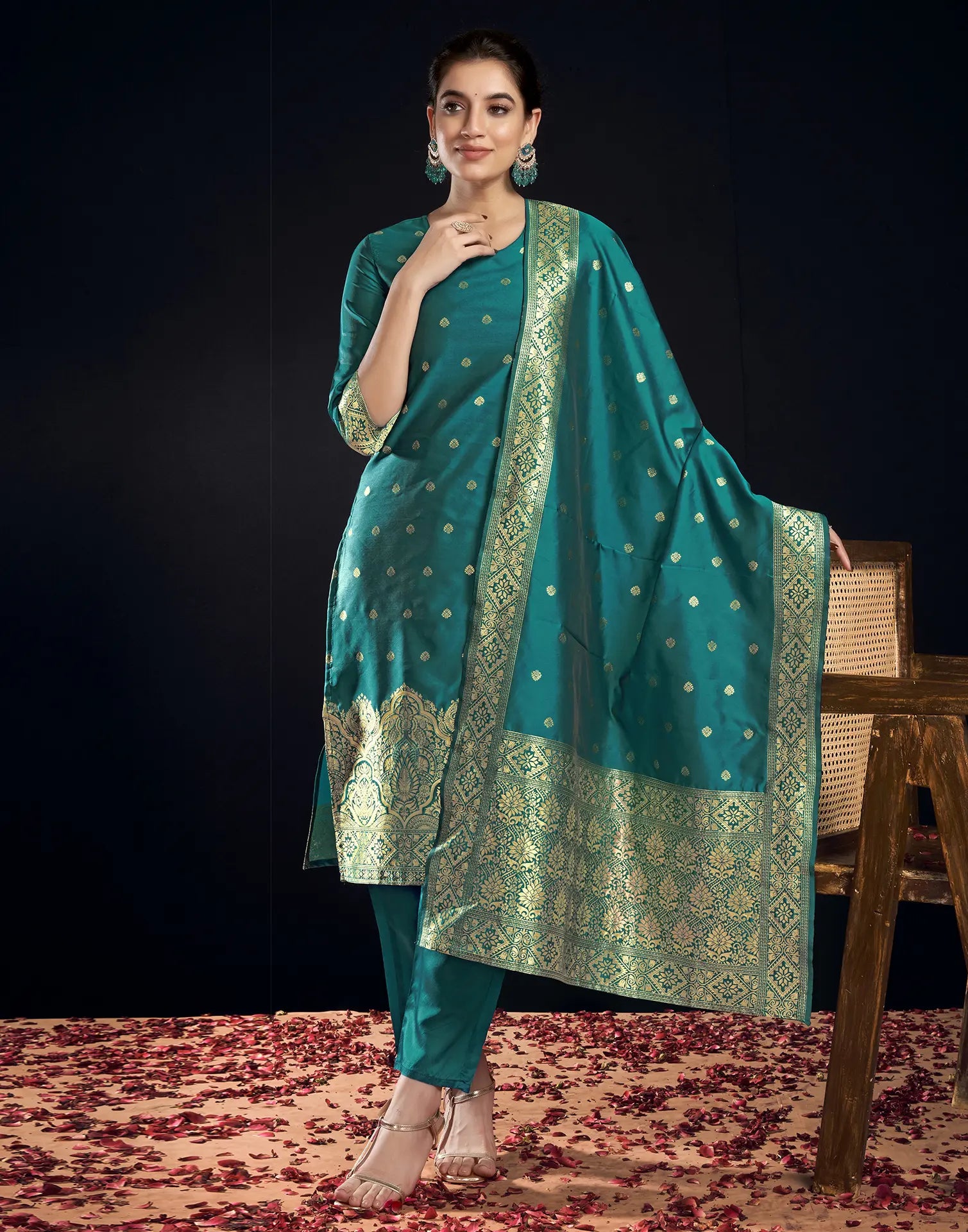 Silk Jacquard Woven Straight 3 Piece Kurta Set