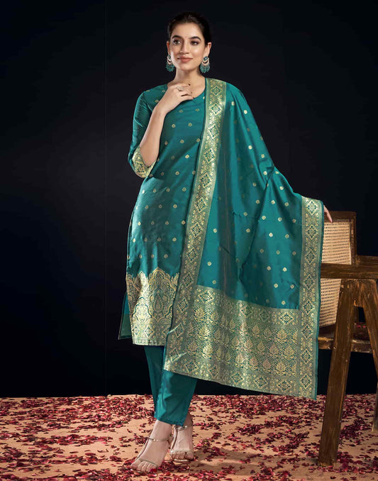 Silk Blend Jacquard Work Straight Kurta with Pant & Dupatta