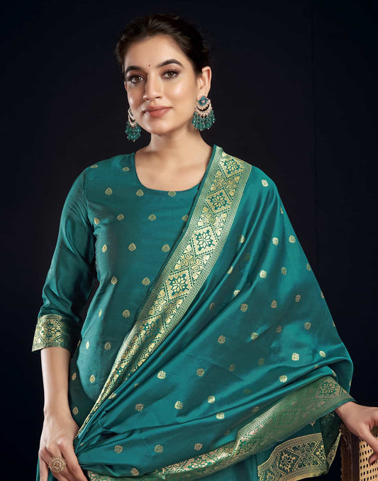 Silk Blend Jacquard Work Straight Kurta with Pant & Dupatta