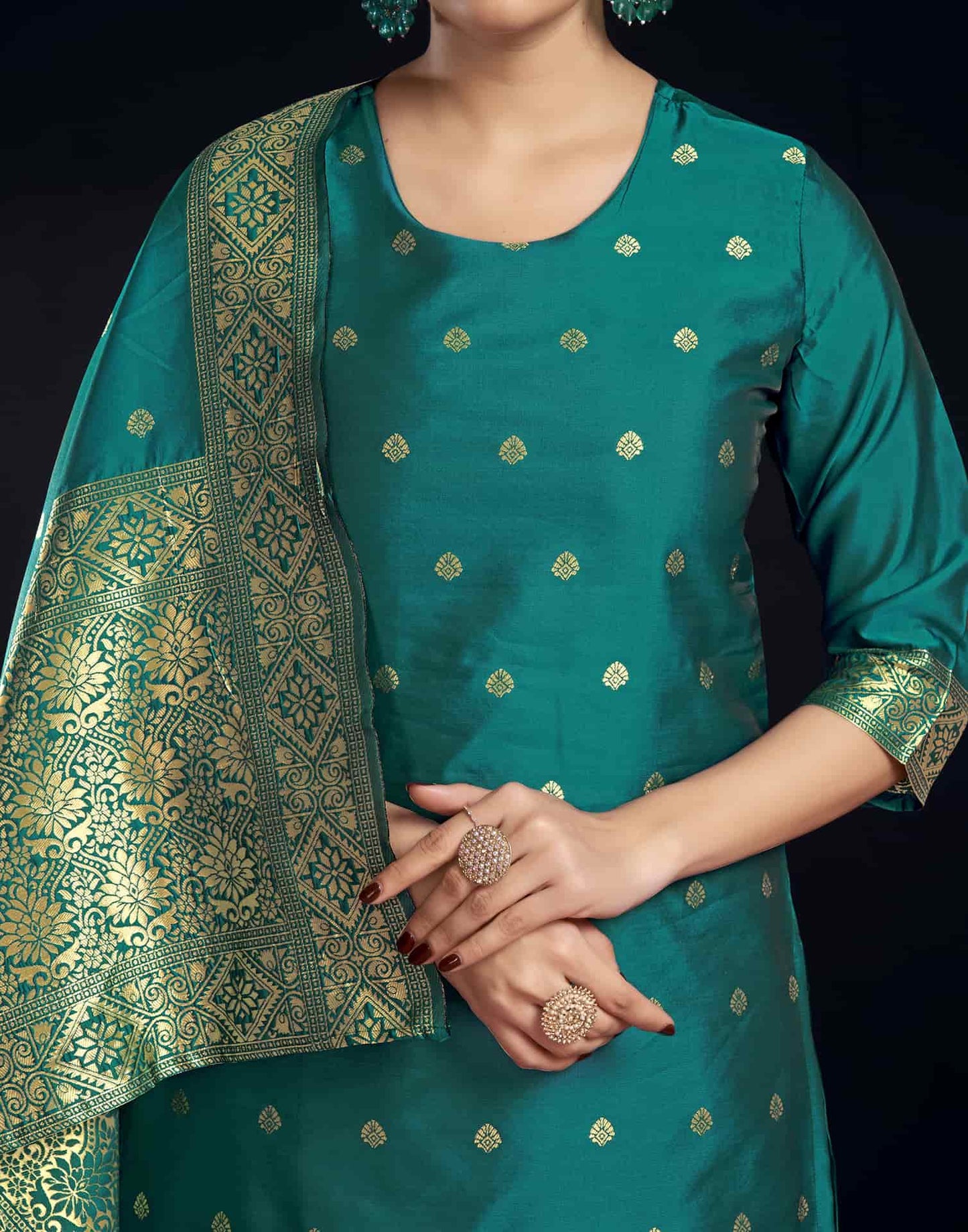 Silk Blend Jacquard Work Straight Kurta with Pant & Dupatta