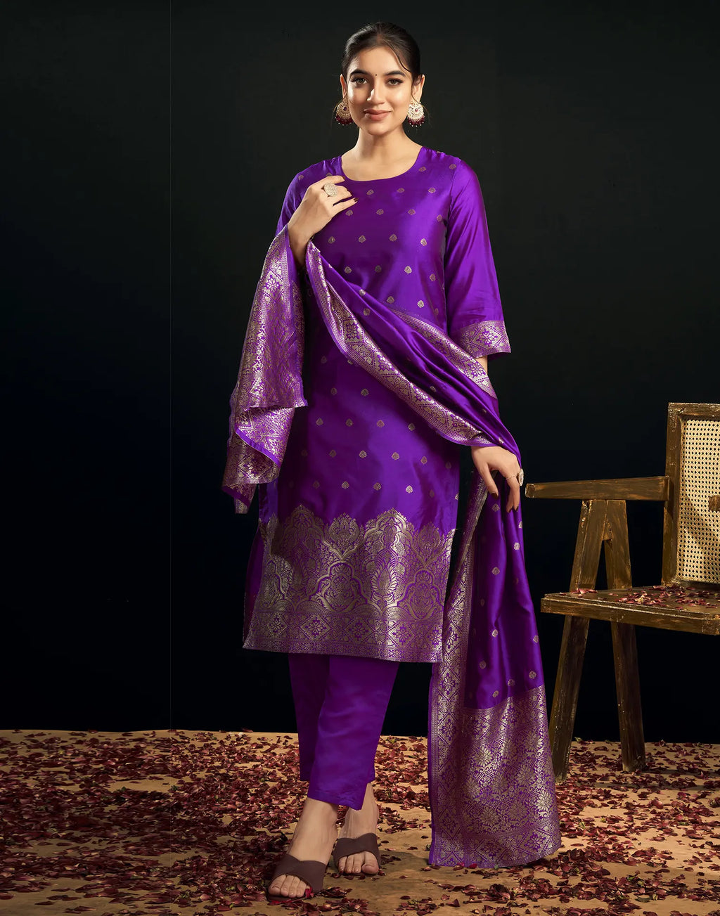 Silk Jacquard Woven Straight 3 Piece Kurta Set