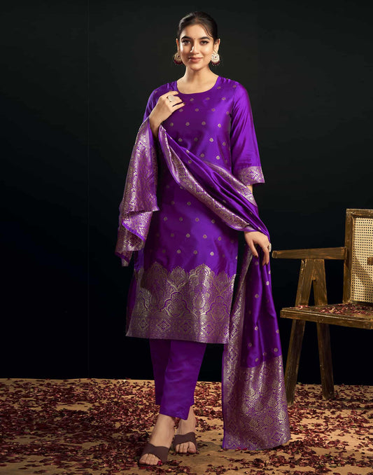 Silk Blend Jacquard Work Straight Kurta with Pant & Dupatta