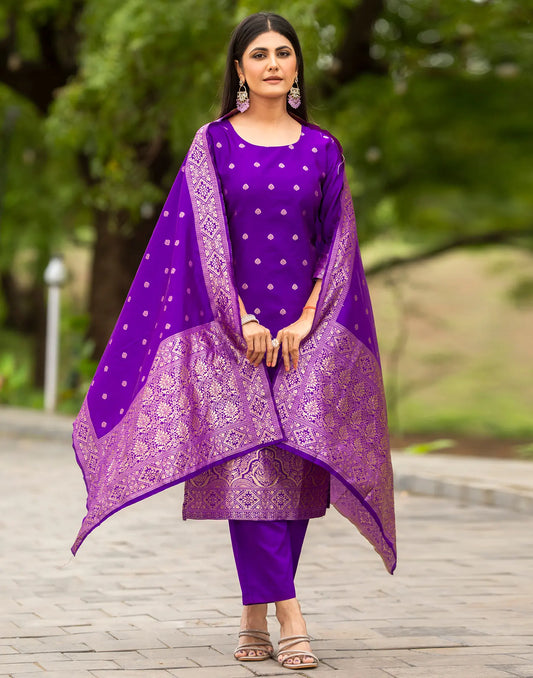 Silk Jacquard Woven Straight 3 Piece Kurta Set