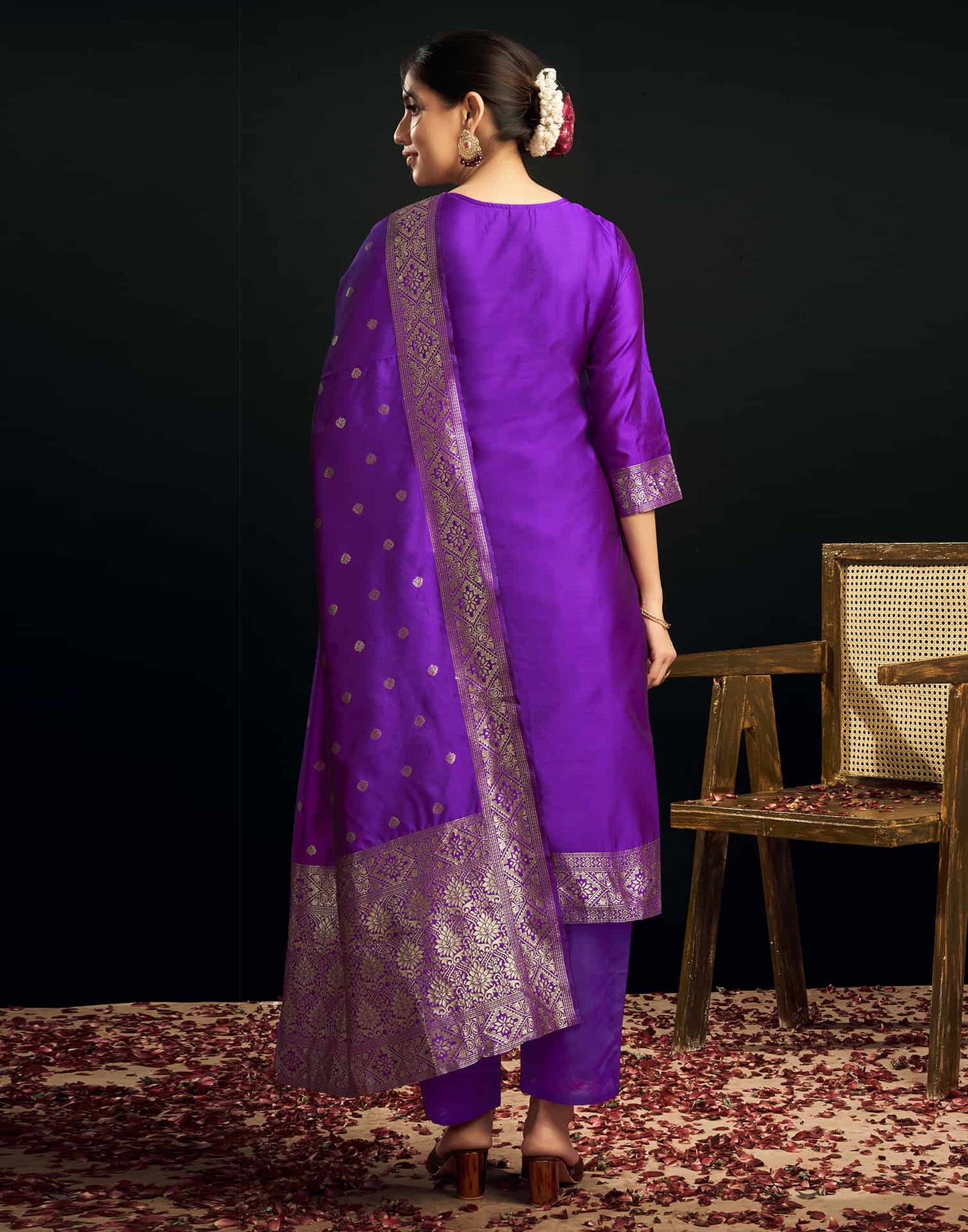 Silk Blend Jacquard Work Straight Kurta with Pant & Dupatta