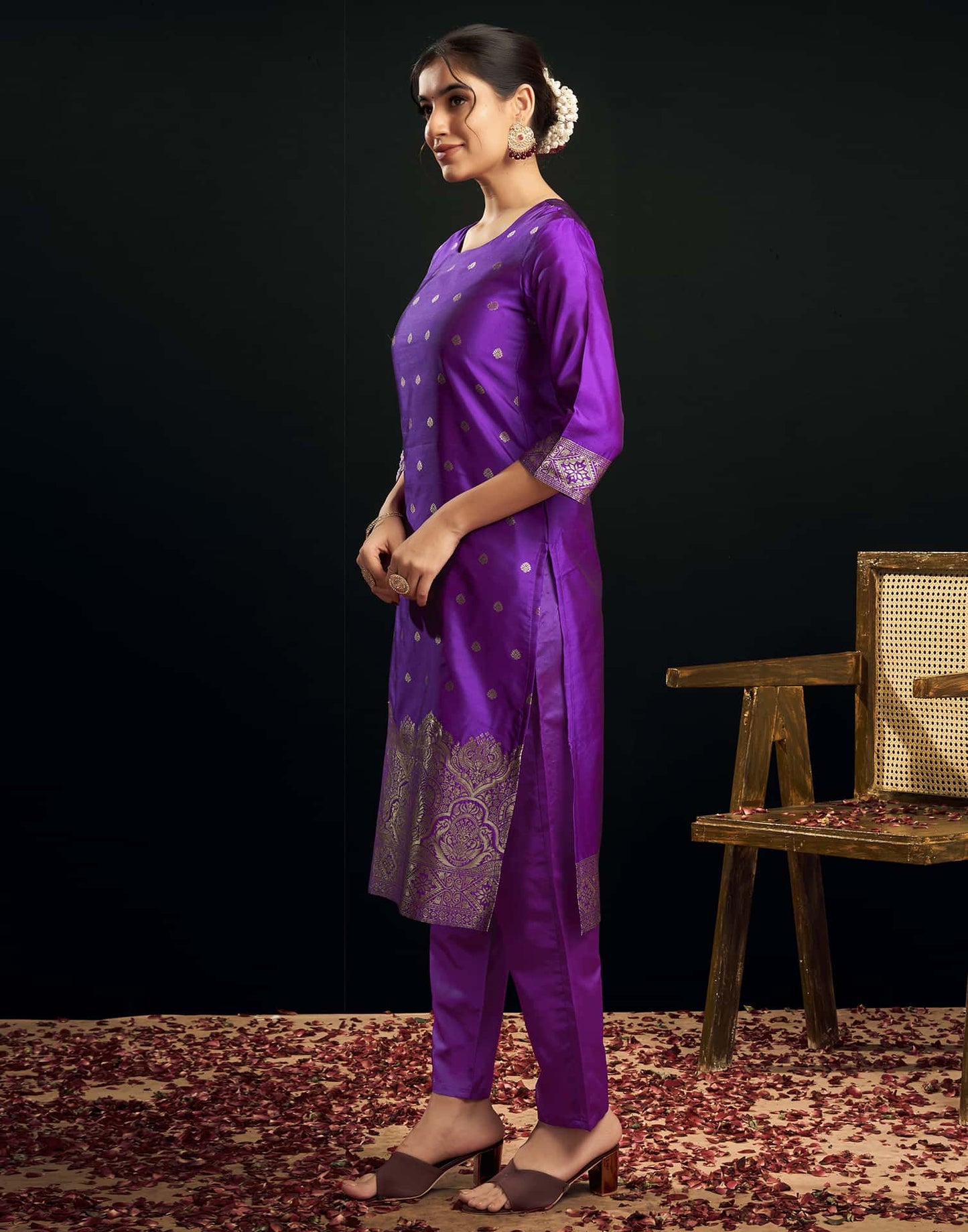 Silk Blend Jacquard Work Straight Kurta with Pant & Dupatta