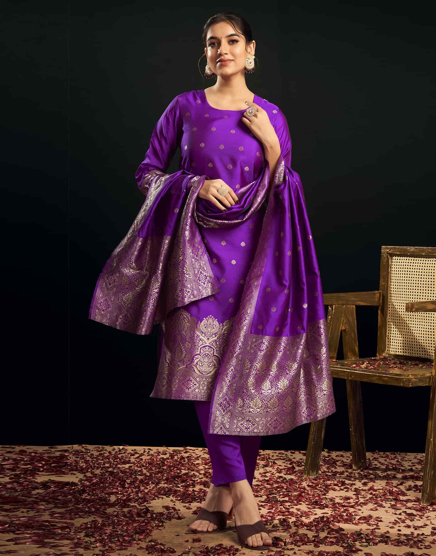 Silk Blend Jacquard Work Straight Kurta with Pant & Dupatta