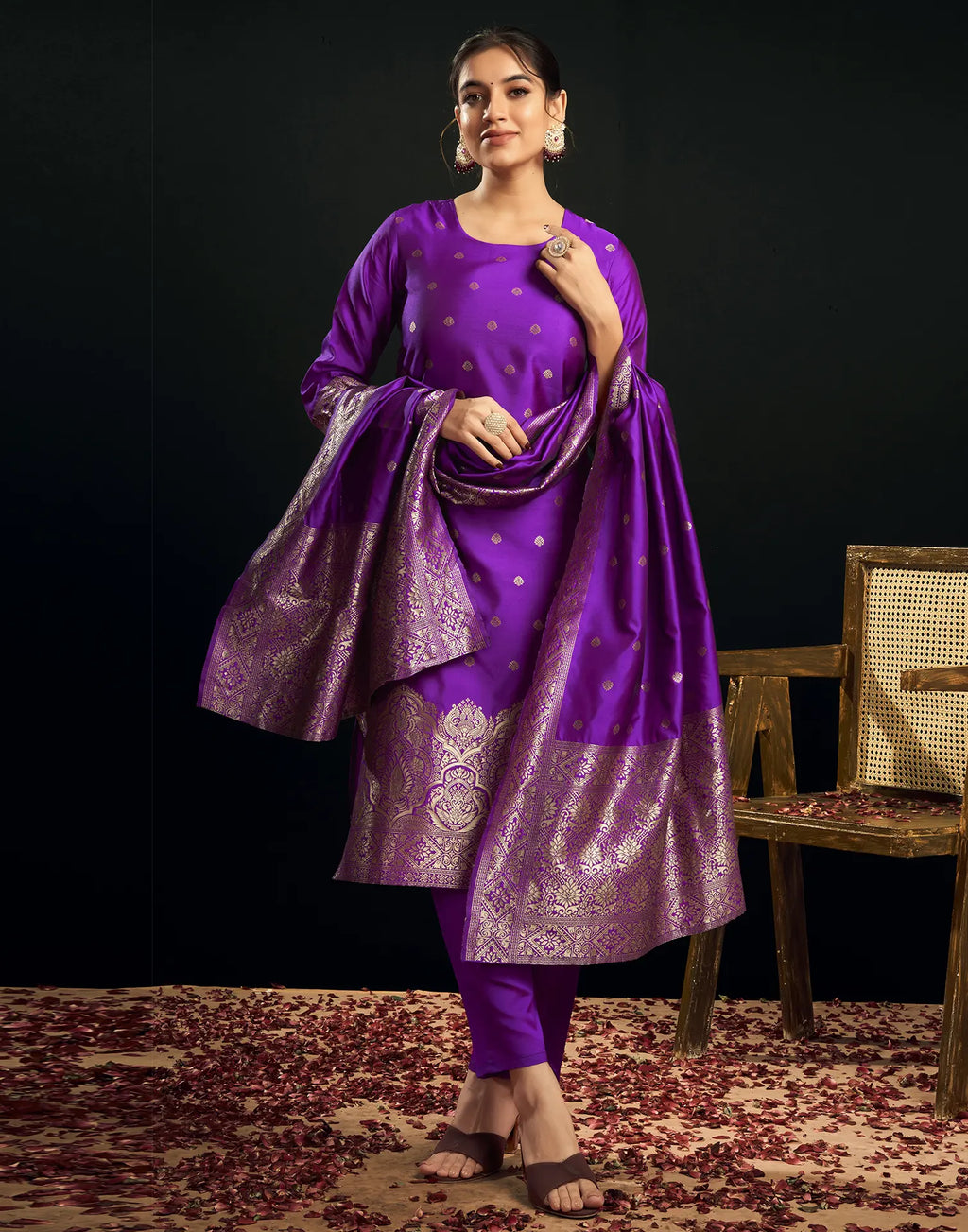 Silk Jacquard Woven Straight 3 Piece Kurta Set