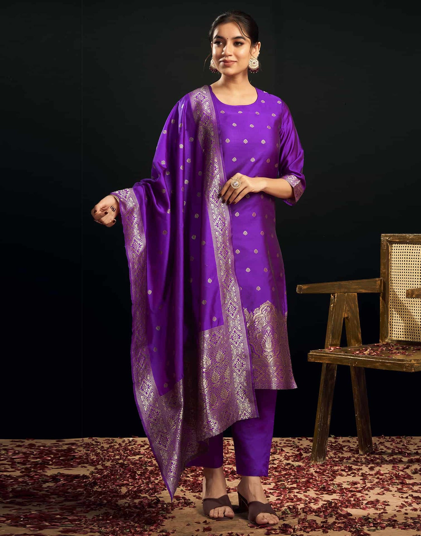 Silk Blend Jacquard Work Straight Kurta with Pant & Dupatta