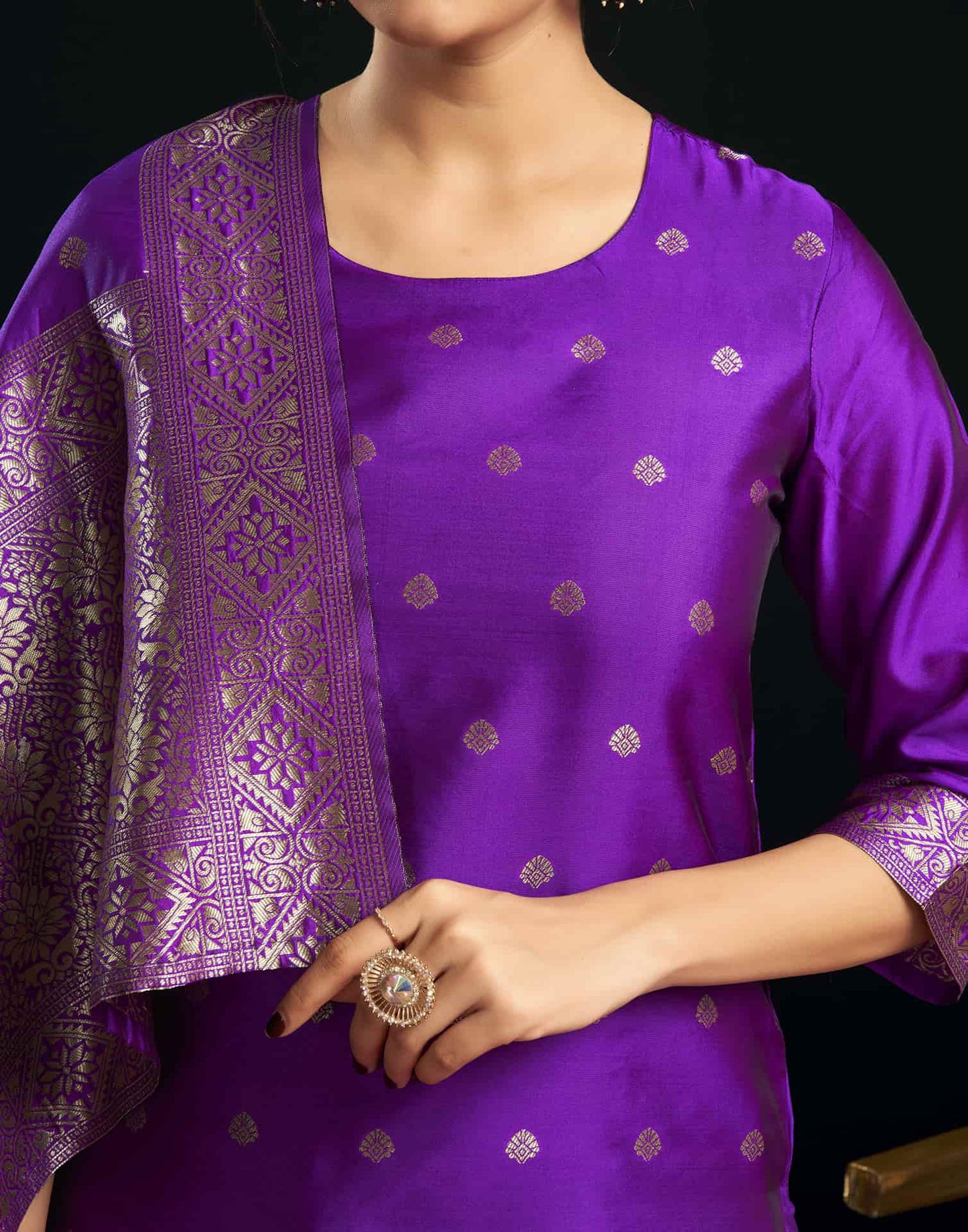 Silk Blend Jacquard Work Straight Kurta with Pant & Dupatta