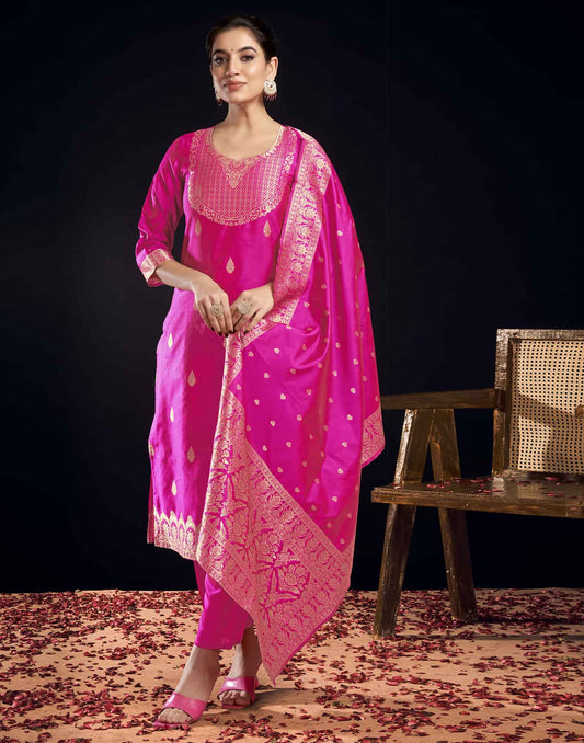 Silk Blend Jacquard Work Straight Kurta with Pant & Dupatta