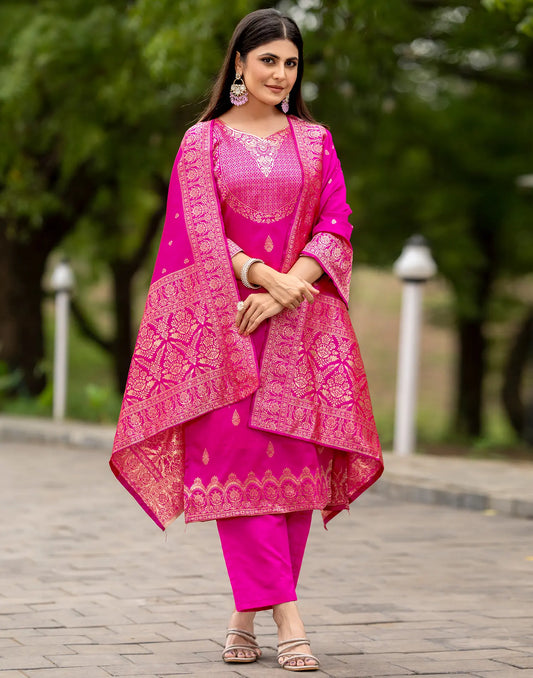 Silk Jacquard Woven Straight 3 Piece Kurta Set