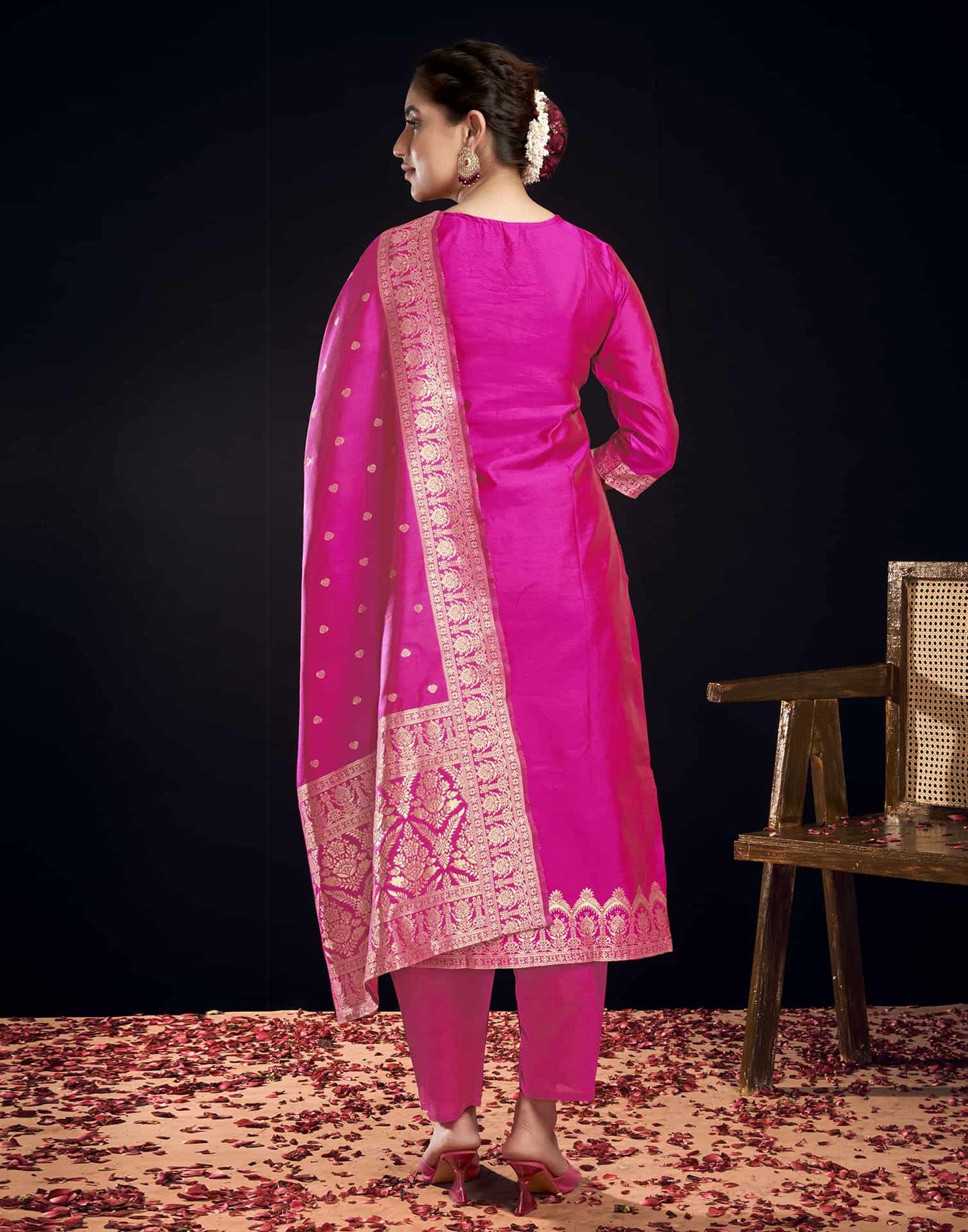 Silk Blend Jacquard Work Straight Kurta with Pant & Dupatta